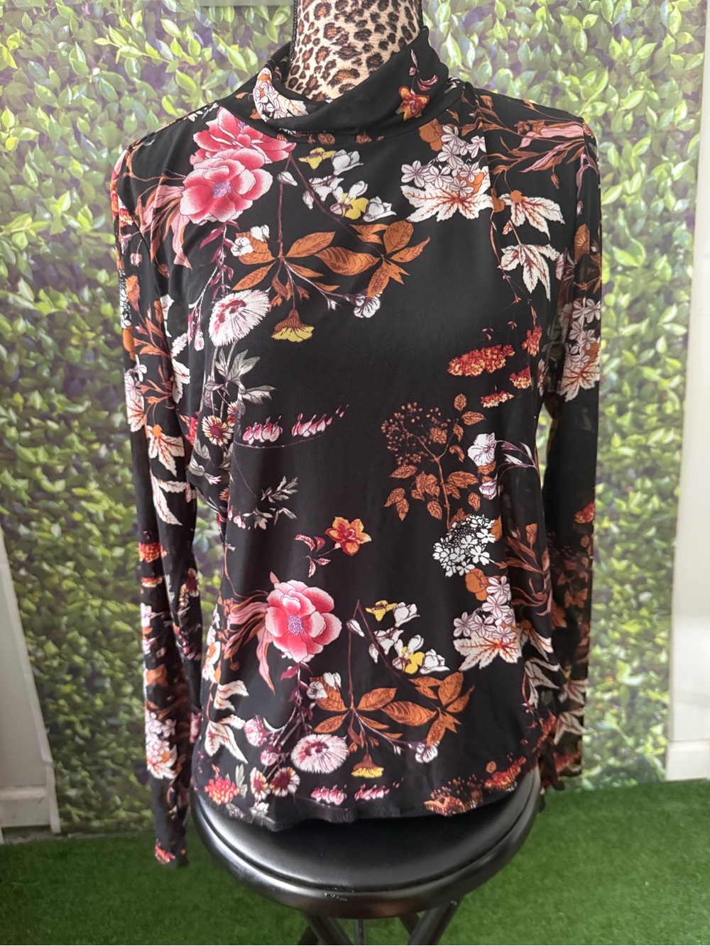 Black Floral Mock Neck Long-Sleeve Top 96